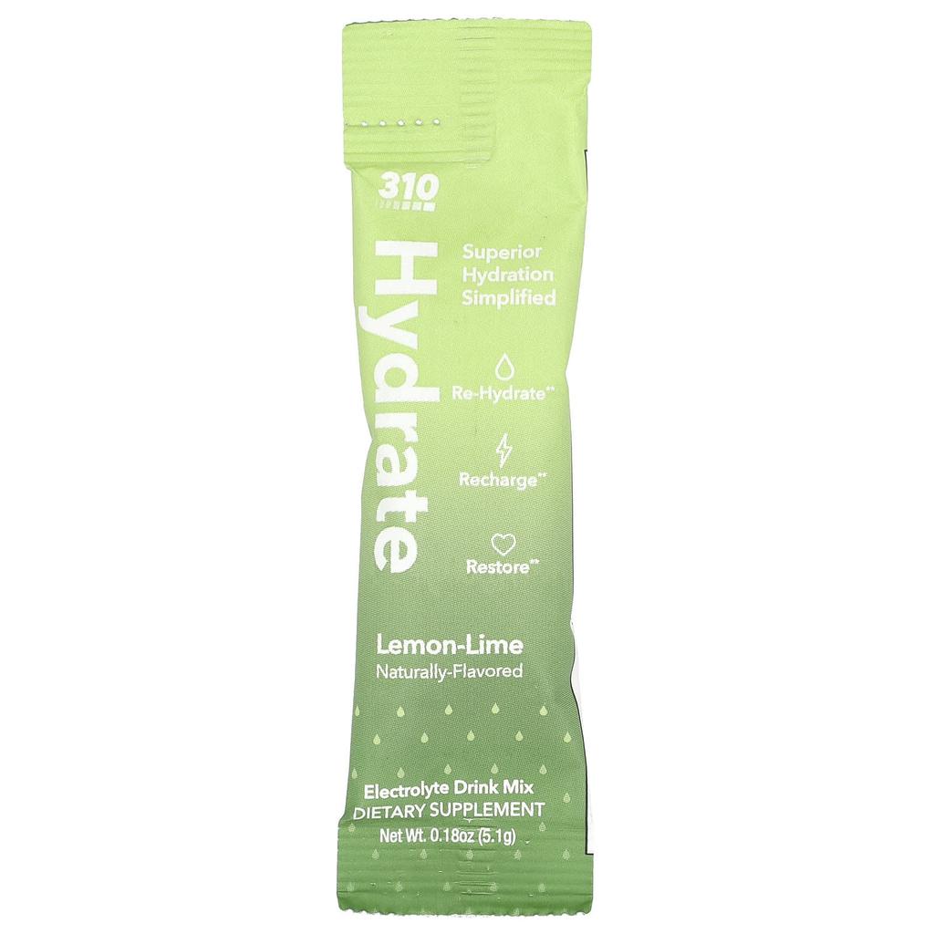310 Nutrition, Hydrate, Electrolyte Drink Mix, Lemon-Lime , 30 Sticks, 0.18 oz (5.1 g) Each