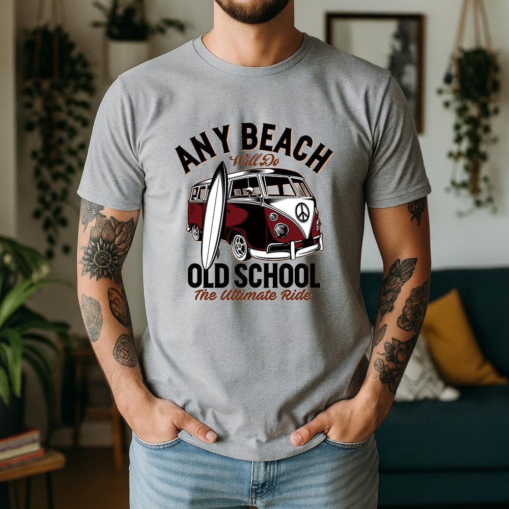 Vintage Old School Surf Bus Surfboard Print Unisexs T Shirt Loose Short Sleeve Crew Neck Beach Vacation Casual Tees