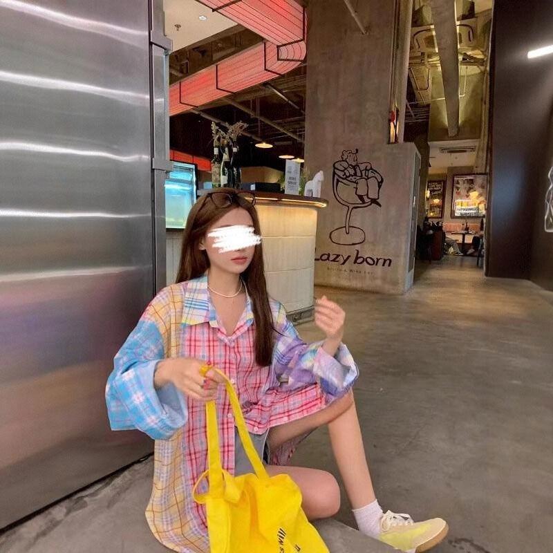 Женская клетчатая рубашка с цветными блоками, летняя новинка, свободная повседневная рубашка с солнцезащитой, американский хай-стрит, тонкий топ с длинным рукавом