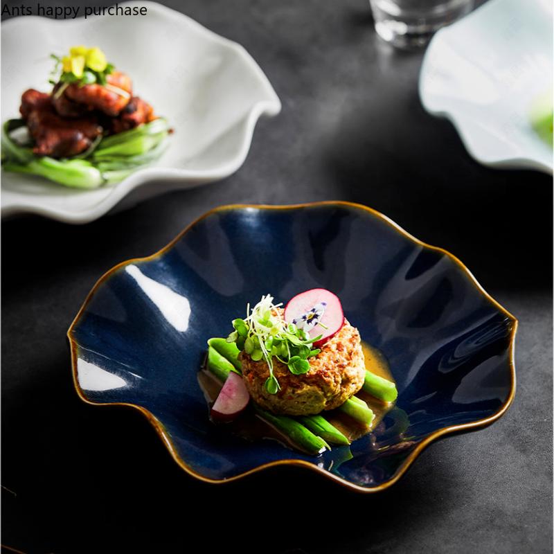 Керамическая тарелка в виде листа лотоса, суповая тарелка, обеденные тарелки, поднос для фруктов, салатница, десертная чаша, особая посуда, декоративные тарелки