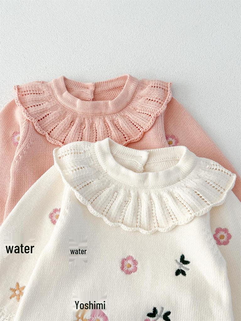 Вязаный шерстяной комбинезон для девочки с вышивкой и отложным воротником - Весенне-осенний стиль