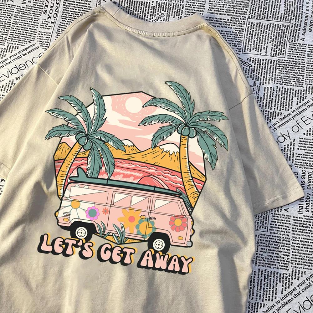 Давайте уедем, поедем на автобусе, поедем в отпуск, напечатанные мужские футболки Harajuku, дышащая футболка, летняя одежда, модная свободная футболка