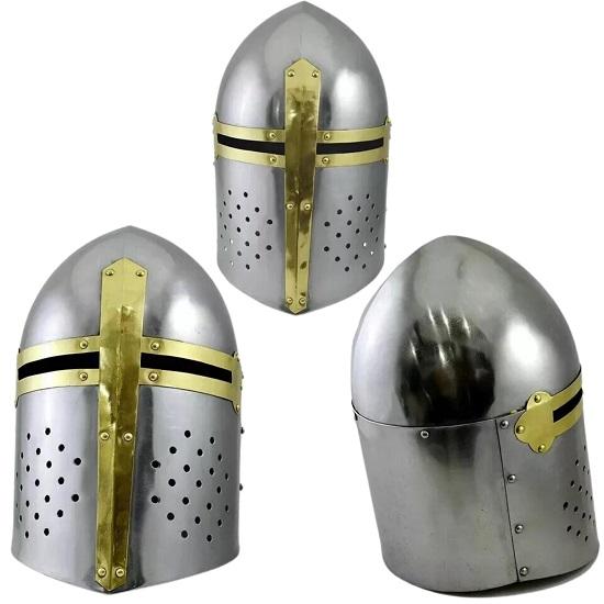 Medieval Knight Armor Crusader Templar Sugarloaf Helmet Great Helm Brass Cross