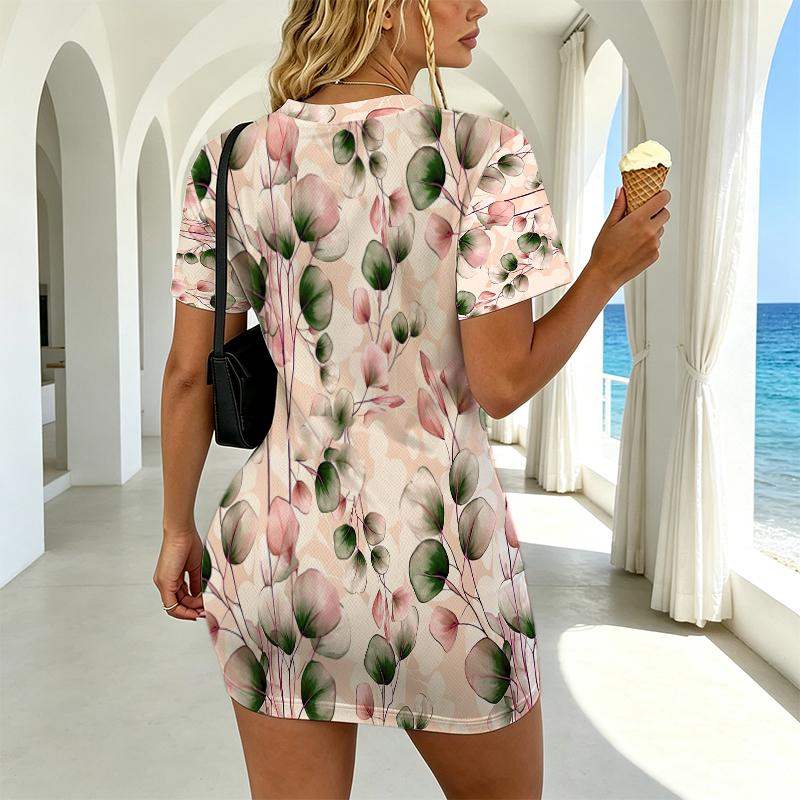 Women's Basic V-Neck Short Sleeve Mini Dress, Lightweight Minimalist Style for Beach Vacation & Daily Wear