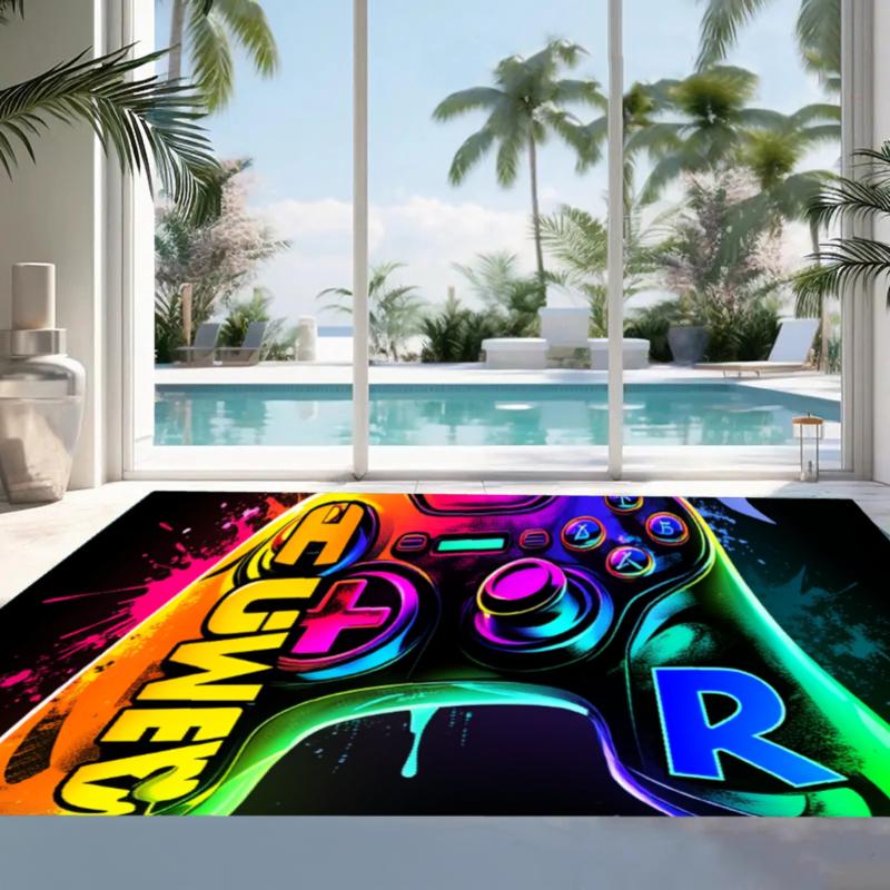 Gaming Area Rug for Boys Room Neon Game Controller Non-Slip Washable Carpet for Game Room Bedroom Living Room Teens Boys