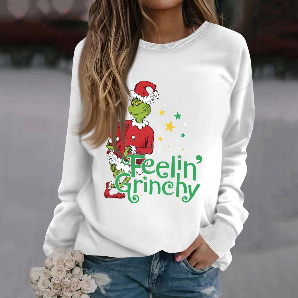 Women's Fashion Casual Long Sleeve Solid Color Christmas Printed Round Neck Top Sweatshirt
