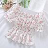 Secret Jam Sweet Broken Flower Slash Neck Женская блузка Agaric Edge Pleat Design Тонкий эластичный пояс Укороченный топ Милая шифоновая футболка Лето