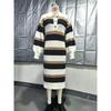 Women Striped Knit Midi Dress Lapel Collar Half Button Long Sleeve Side Slit Loose Casual Sweater Dress