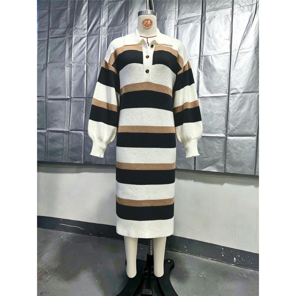 Women Striped Knit Midi Dress Lapel Collar Half Button Long Sleeve Side Slit Loose Casual Sweater Dress