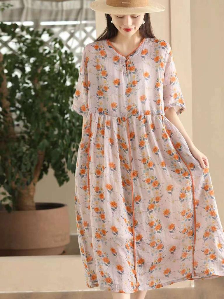 Johnature Женское винтажное платье с цветочным принтом и V-образным вырезом, коротким рукавом, высококачественное летнее повседневное мягкое платье А-силуэта
