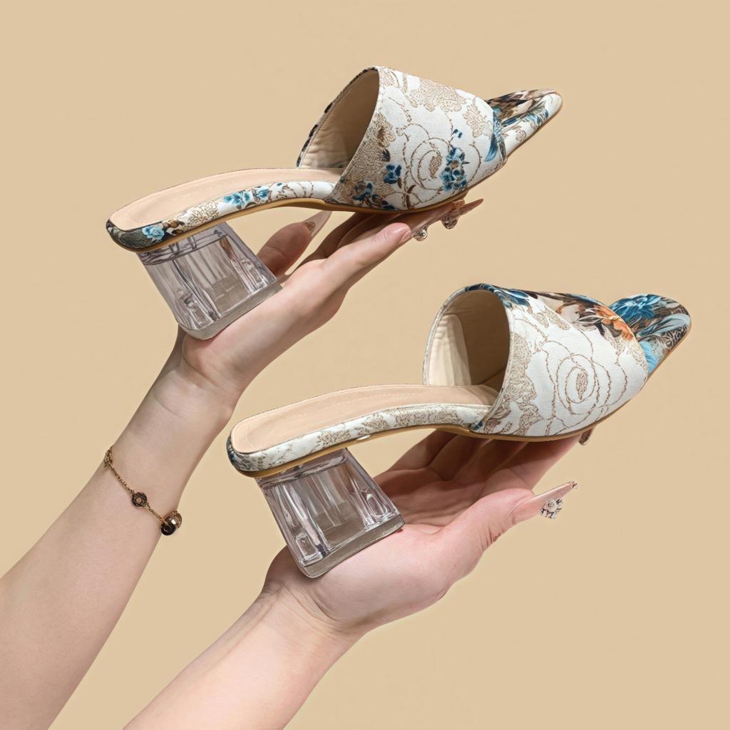 Мода Ретро Национальный Стиль Тренд Высокие Каблуки Женские Шлепанцы Обувь Массивные Сандалии Женские Летние Открытый Носок Вьетнамки Прозрачные Модные Слайды