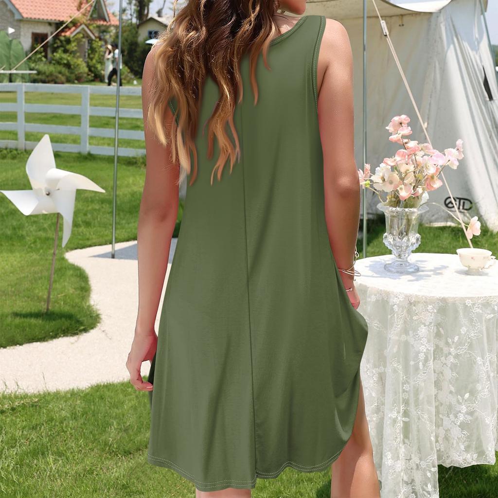 Женская мода Лето с круглым вырезом без рукавов Повседневные свободные однотонные платья
