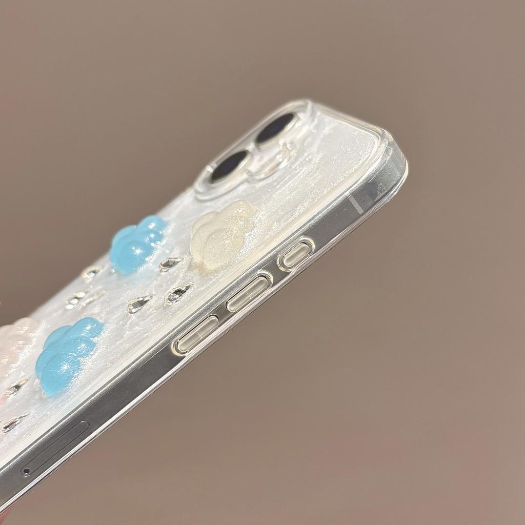 For iPhone 16 Case Cute 3D Cloud Rhinestone Decor TPU+PC Phone Cover (Precise Lens Cutouts)