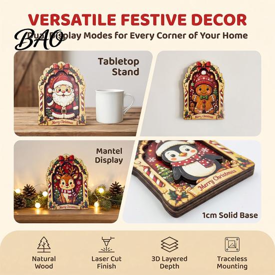 Solid Wood Holiday Decorations Christmas Wooden Vintage Sign, Rustic Table Ornament, 2D Santa Claus Home Party Supplies Snowman Penguin Desktop