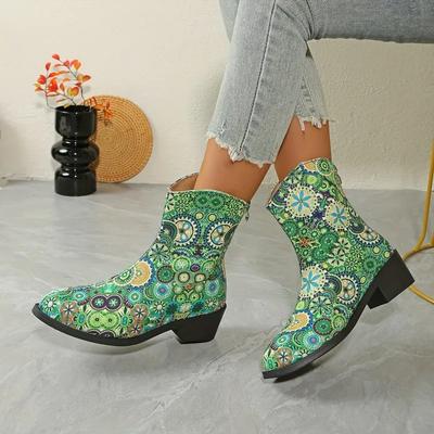 Модные осенние ковбойские сапоги большого размера в западном стиле, винтажные, с острым носком, с принтом, на блочном каблуке, нескользящие, до щиколотки