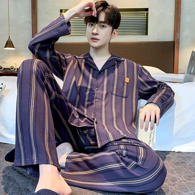 Хлопковая мужская пижама весна-осень с длинными рукавами ночная рубашка новый кардиган в клетку домашняя одежда для сна одежда для отдыха