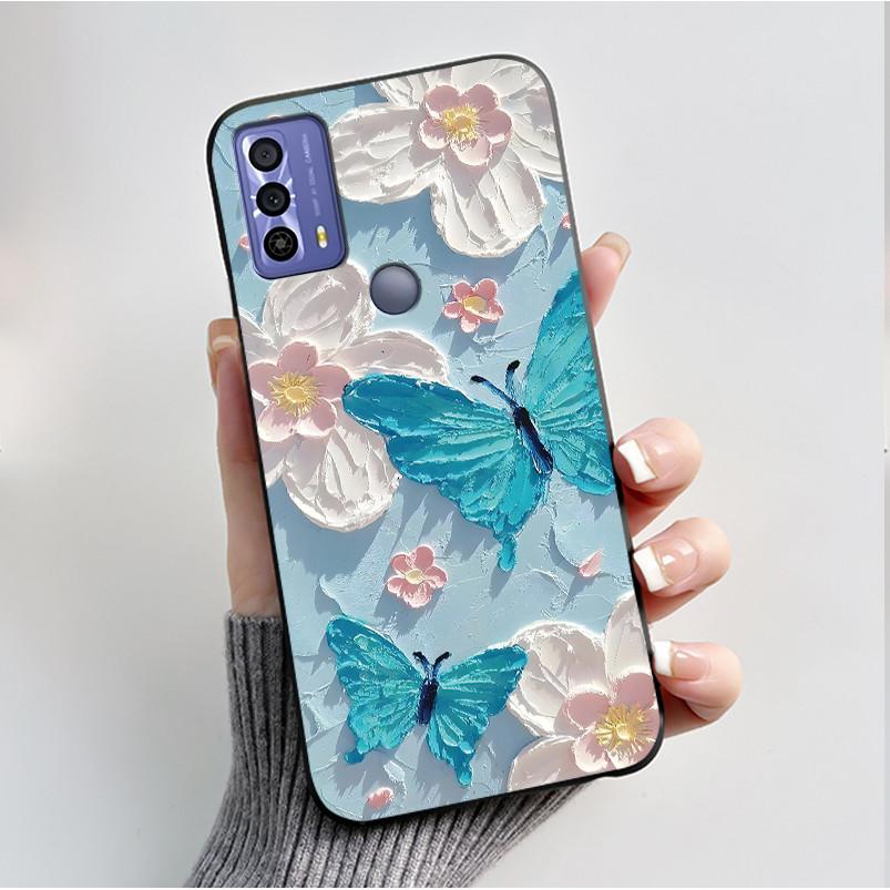 Printing Pattern Case For TCL 20B (6159K) Soft Silicone Black Shell Cover Cute Flower Cartoon Casing