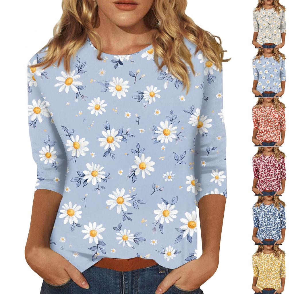 Women's Fashion Casual Seven-Point Sleeve Print Round Neck Top