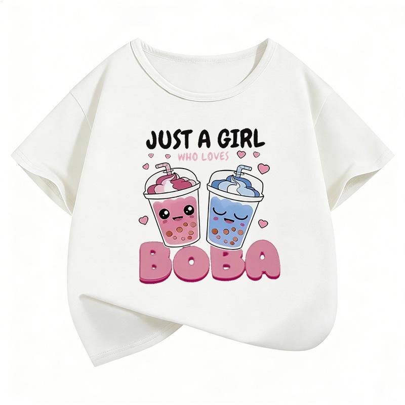 Just A Girl Who Love Boba Printed Graphic Kids Tshirts Summer Short Sleeve Tees Girls Clothes Kawaii Tops Y2K Children Tshirt