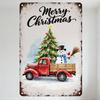 Винтажная металлическая жестяная табличка «Счастливого Рождества», состаренный вид в деревенском стиле, с рождественской елкой, красным грузовиком и снеговиком для домашнего бара
