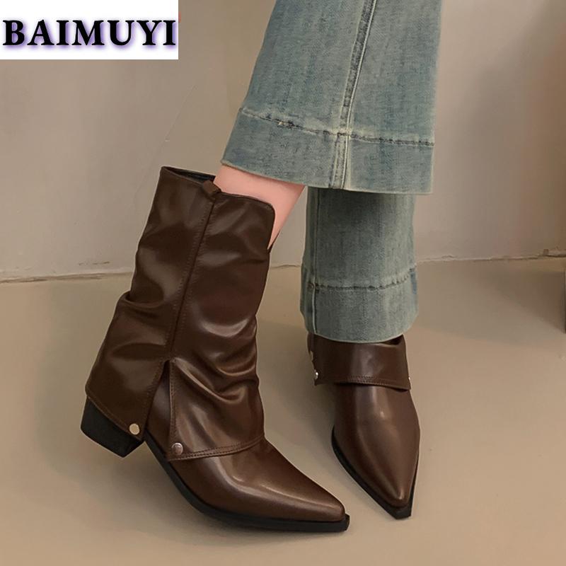 Сексуальные туфли на среднем каблуке с острым носком, женские ботильоны, тренд 2025 года, массивные модные туфли-лодочки для офиса, новые туфли для вечеринок в стиле панк-женщины