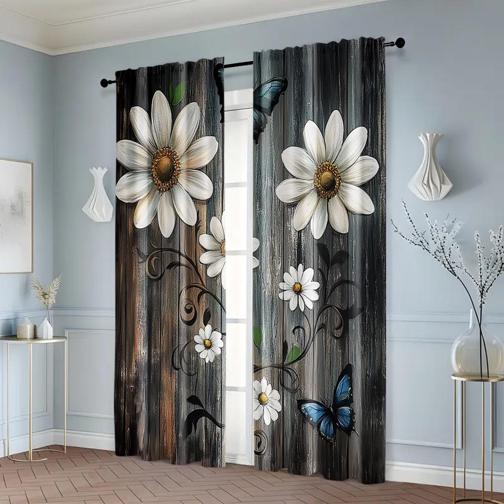 2pcs, Curtains Digital Printed 2D print Daisies And Butterflies Machine Washable Polyester (without rod) Art Deco Festive Use
