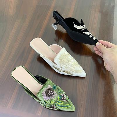 Женские вышитые полутапочки Baotou с плоским дном, летние туфли Muller с квадратным носком, повседневные прогулочные тапочки на плоской подошве Zapatillas