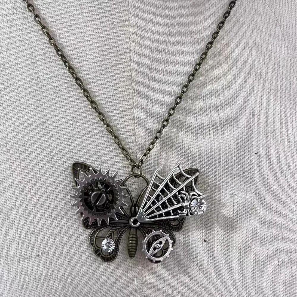Gothic Mechanical Steampunk Necklace Metal Charm Aesthetic Jewelry Butterfly Pendant Necklace