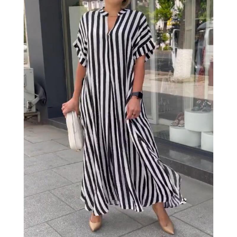 Women's Spring Summer Stripe Printed Split Swing Long Dresses