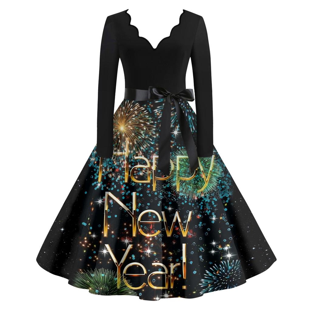 Женское повседневное модное платье винтажного стиля с V-образным вырезом и новогодним принтом