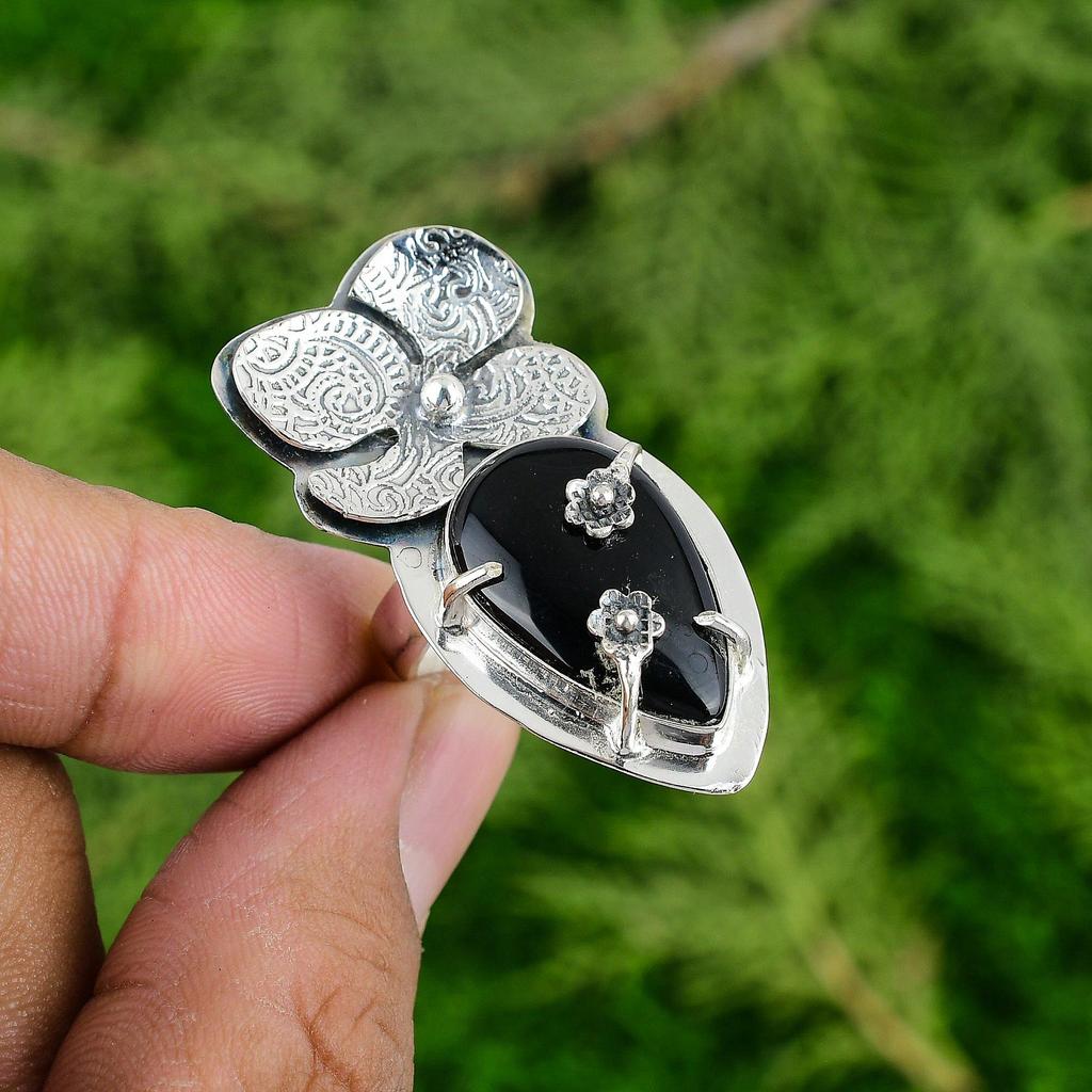 Oval Black Onyx Gemstone 925 Sterling Silver Flower Stackable Boho Ring Jewelry