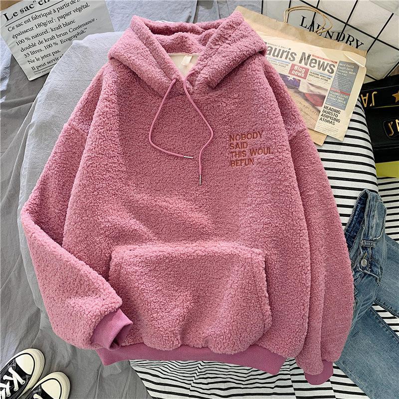 Autumn Winter Coat Pink Cute Apology Print Hooded Loose Pockets Harajuku Women Fleece Flannel Pullover Female Sweater