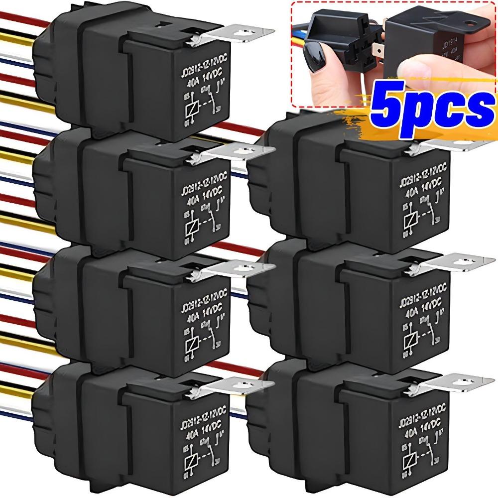 5/1pcs Waterproof Automotive Relay 12V 5pin 40A Black Red Copper Terminal Auto Relay with Relay Socket for Car Truck Boat Marine Relays 5