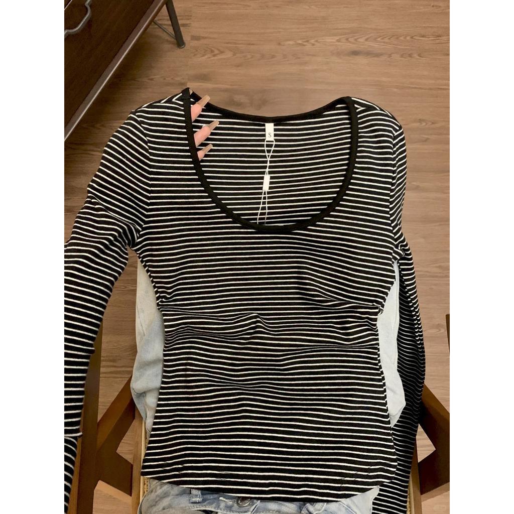Contrasting Color U-neck Striped Long-sleeved Bottoming Shirt Women's Spring New Slim-fit Spice Girl Style T-shirt with Top Inside