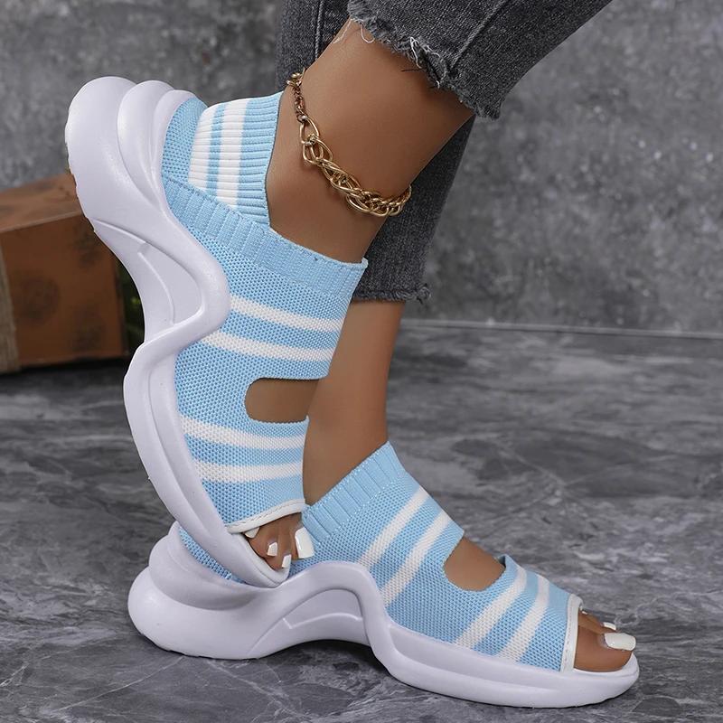 Модные Модные Полосатые Вязаные Спортивные Сандалии для Женщин Толстая Подошва Повседневные Сандалии на Танкетке Женские 2025 Лето Удобные для Ходьбы Сандалии