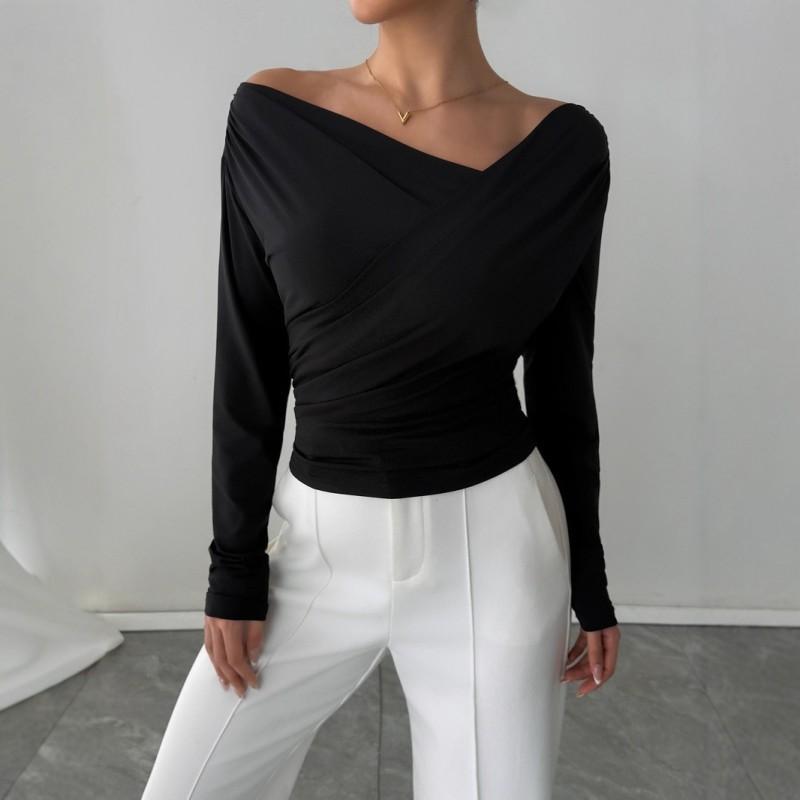 Solid Color Slant Shoulder Long Sleeve T-Shirt Slim Fit Casual Commute Top Women