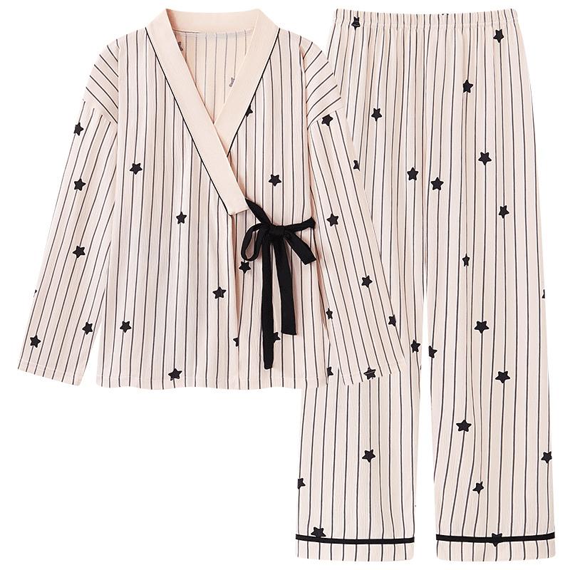 Autumn Pyjamas Women Pajama Sets Striped Star Print Kimonos for Women Cotton Yukata Robes Set