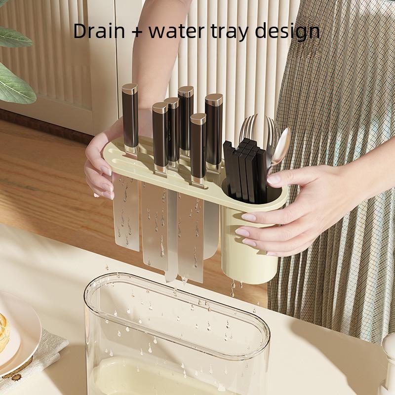 Многофункциональная кухонная стойка для ножей и столовых приборов в кремовом стиле со встроенным контейнером для приправ