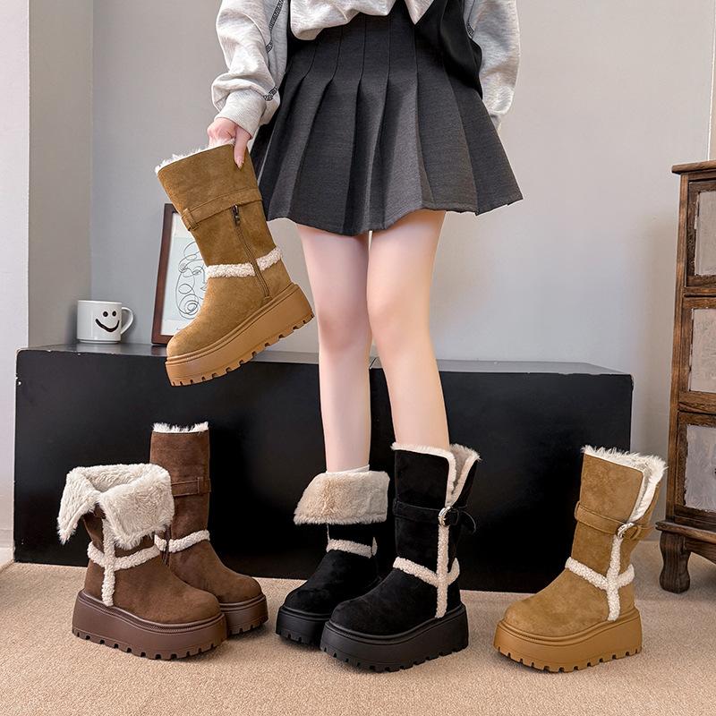 [Фанфна] Вельветовые утепленные с толстой подошвой женские сноубутсы средней высоты 2025 новые ретро модные универсальные сапоги средней высоты