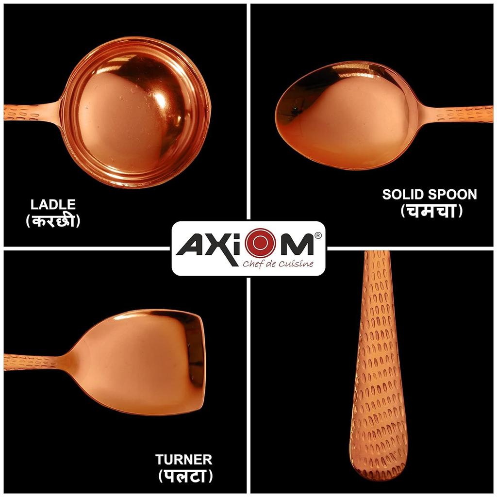 Комплект Розовое Золото. Необычный набор столовых приборов для ужина из 4 предметов с антипригарным покрытием и 1 половником карри (Карчи), 2 твердые ложки (Чамча) И 1 ложка риса для супа/пасты - 27 см