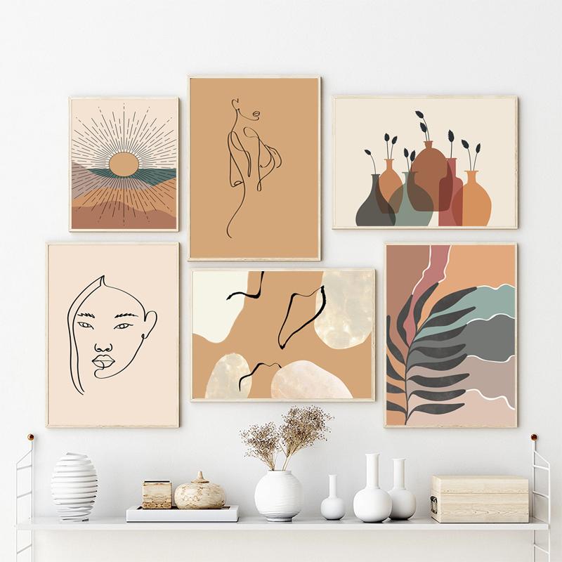 Абстрактный постер Солнце и Луна, сцена, холст, картина, листья растений, художественный принт, монстера, принты, настенные панно в стиле бохо для декора гостиной