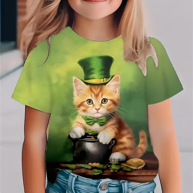 Детская футболка с 3D-принтом, новая минималистичная футболка с круглым вырезом и короткими рукавами с небольшим свежим клеверным узором для девочек