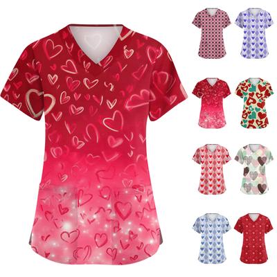 Женская милая блузка с принтом бантиков, рабочая одежда, V-образный вырез, двойной слой, карманы, базовая, с коротким рукавом, пуловер