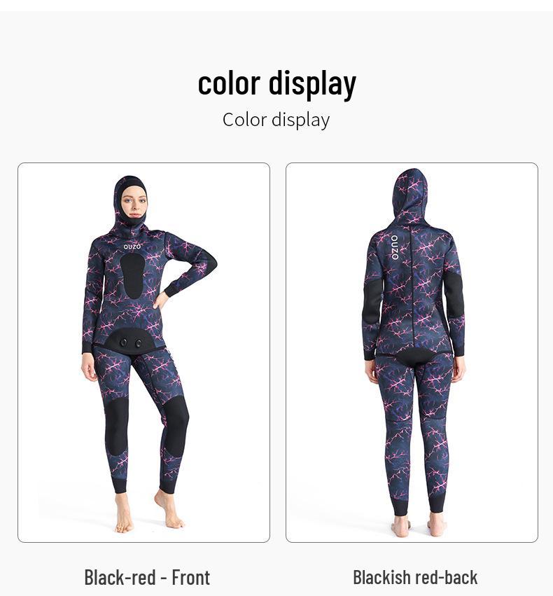 Женский гидрокостюм 3 мм с капюшоном для подводной охоты и дайвинга - Двухсекционный для теплого зимнего плавания, серфинга и рыбалки.