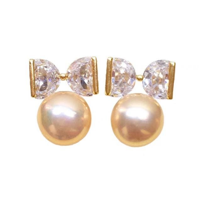 Bow natural freshwater pearl stud earrings women's light luxury high-end autumn and winter earrings new flashing zircon tide earrings
