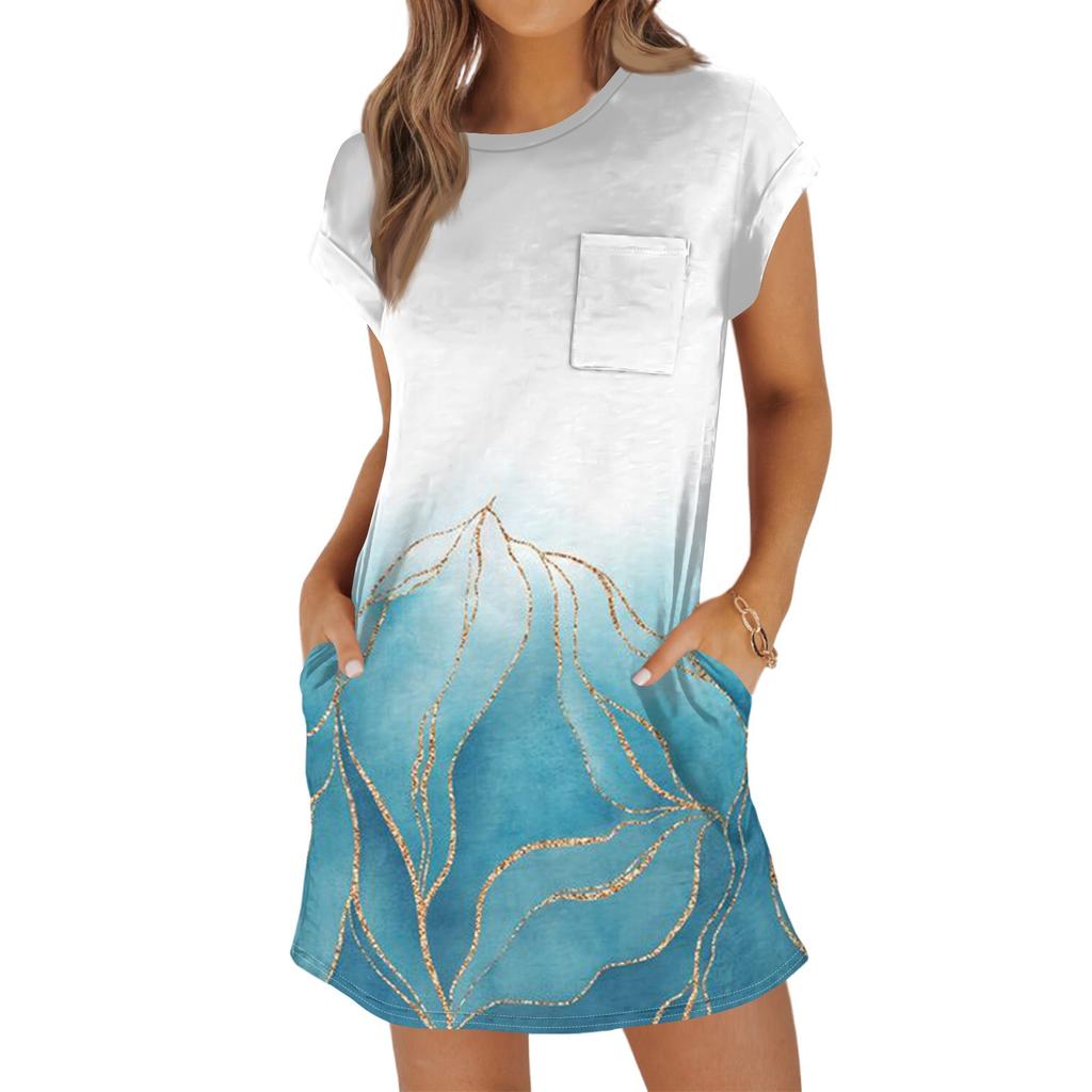 Женская мода повседневная летняя винтажная цветочная печать короткий рукав круглый вырез свободное платье с карманами