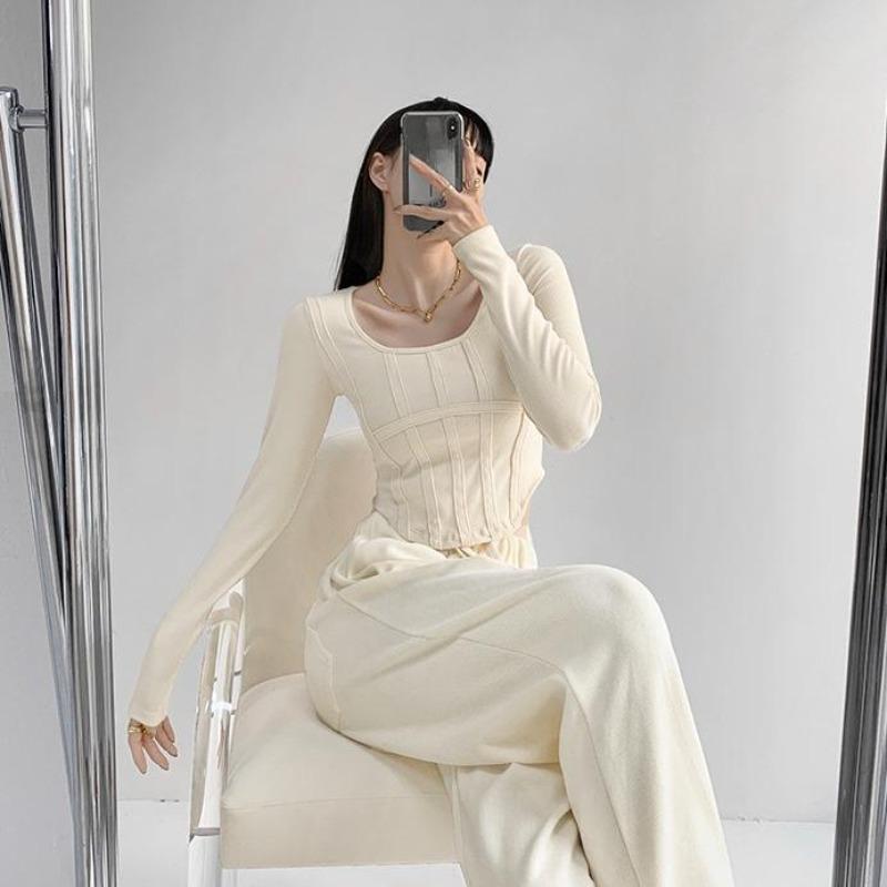 2KWEIRD Y2k Футболка Девочки Кроп-топы Весна Женские С длинным рукавом Круглый вырез Хлопковые рубашки Бюстье Харадзюку Пуловер Уличная одежда Всепогодная футболка