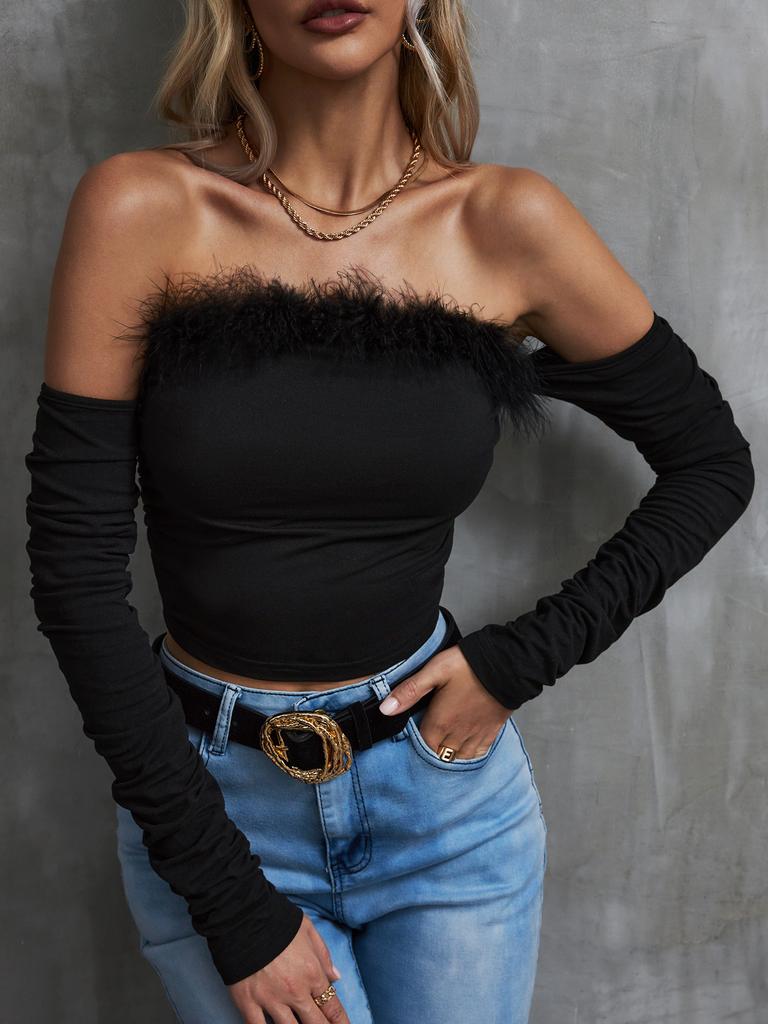 Винтажный топ без бретелек с длинным рукавом и открытой спиной, футболка с открытыми плечами, женская одежда Y2K