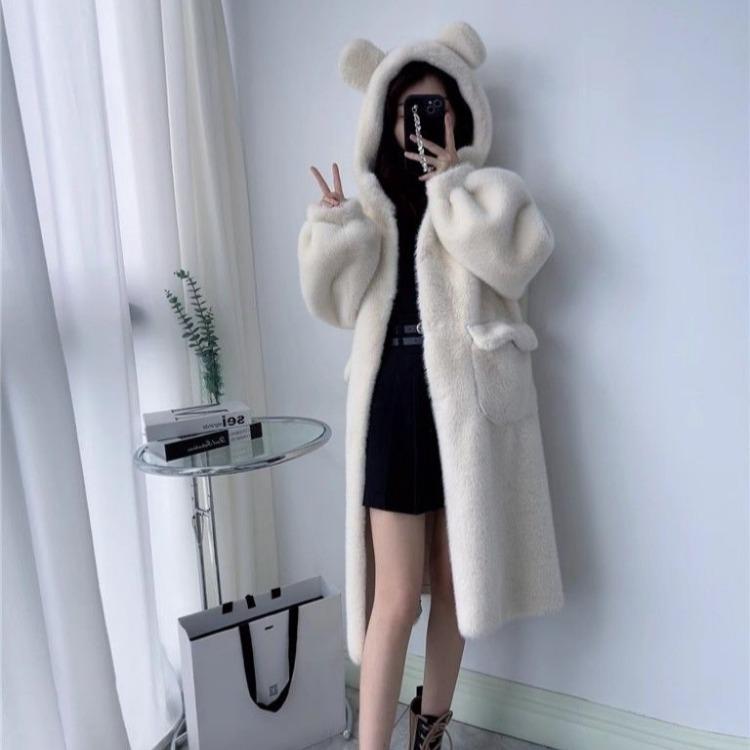 Теплое пальто с капюшоном из искусственного меха женское зимнее милое на флисовой подкладке толстое длинное универсальное