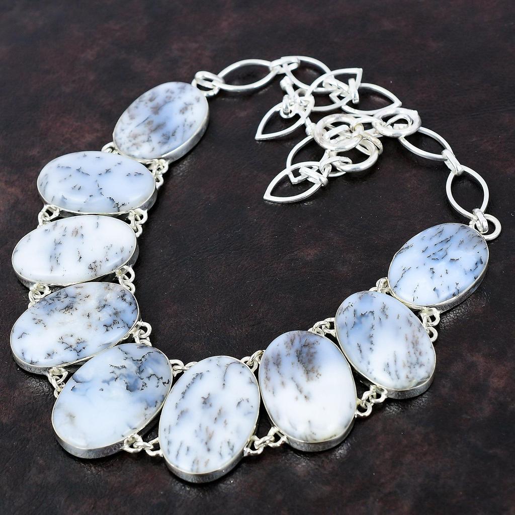 Дендрит Опал Ожерелье Стерлингового Серебра 925 Ожерелье Регулируемая Цепочка Ручной Работы Ожерелье Из Натурального Драгоценного Камня Ювелирные Изделия Подарок Для Жены Серебряные Ювелирные Изделия